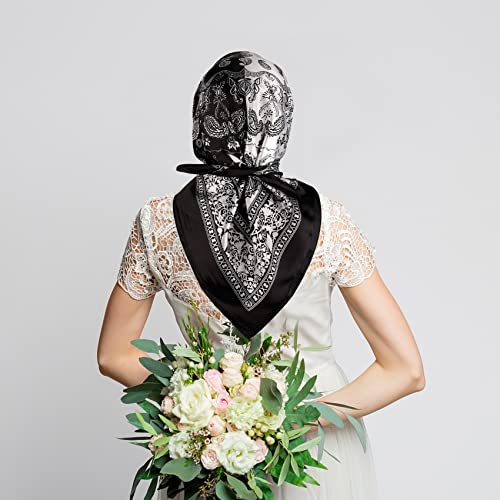 NZKNP Silk-Like Head Scarf - Women's Bandana Wraps - color: 32-black and Beige, size: 35"*35"