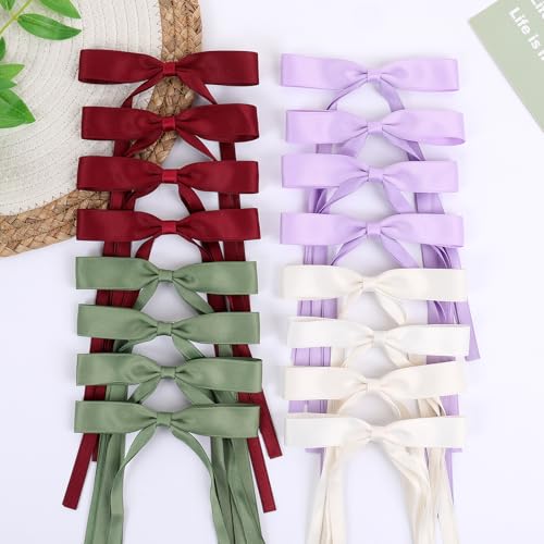 WORTL Hair Bows Clips Coquette Ribbon Bowknot with Long Tail Princess Hair Bows French Barrettes Hair Accessories for Women Girls 16PCS (Wine Red, Beige, Green, Purple) - color: Wine Red, Beige, Green, Purple