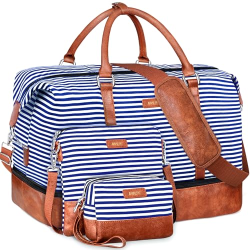 IBFUN Weekender Bags for Women - 21" Travel Duffle with Shoe Compartment - Carry On Overnight Duffel for Weekend Travel & Business Trips, 3PCS - color: A3-Blue Strip