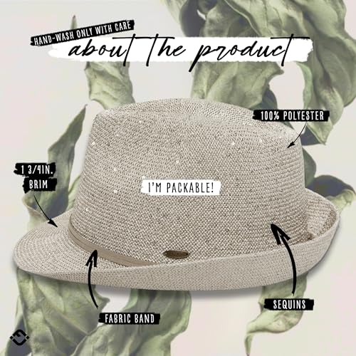 Funky Junque Straw Fedora Hats for Women - UPF 50+ Sun Hat, Short Brim Packable Beach Hat with Woven Pattern - color: Sequin - Cream