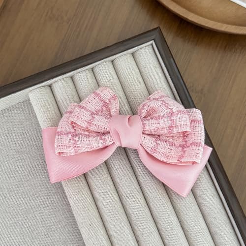 2Pcs Red & Pink Grid Velvet Big Bow Hair Clips for Women Girls, Cute Aesthetic No-Long-Tail Hair Barrettes for Daily Wear