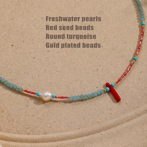 Turquoise Choker Necklace for Women, Western Crystal Bead & Pearl Necklace with Adjustable Chain Natural Stone Energy Jewelry, Boho Beaded Choker for Gifts - color: Turq Red Blue