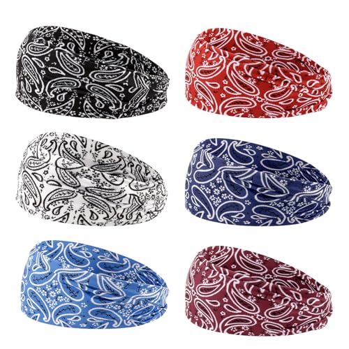 YARIEW 6Pcs Headbands Paisley Bandanas Head Bands Sweat Band Hair Wrap Headwrap Fashion Boho Wide Thick Workout Yoga Elastic Headbands Mens Cooling Running Sports Headband Sweatbands for Women and Men - color: Multi-colored-2