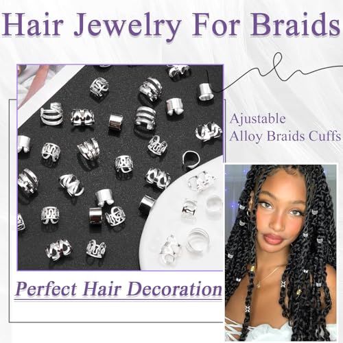 40PCS Hair Jewelry for Braids Silver Hair Cuffs Rings Multi Shape Loc Dreadlock Beads Adjustable Braid Accessories for Women and Girls - color: Gold-6