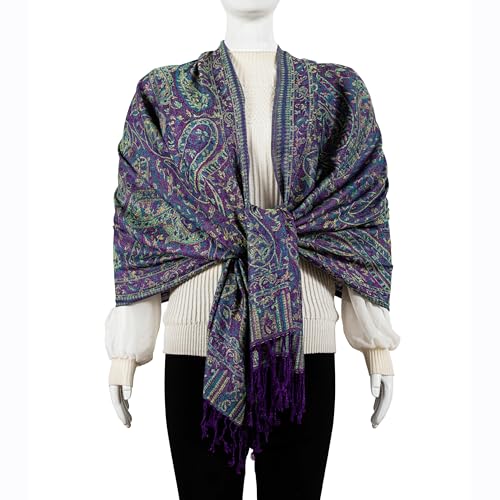 AUSEKALY Pashmina Feel Shawls Wraps for Women Rave Scarf Soft Silky Reversible Men Scarves - color: Purple Yellow