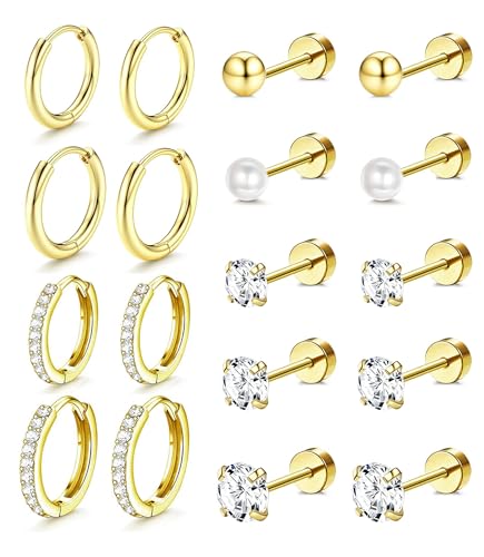 Incaton Hypoallergenic Flat Back Earrings for Women Silver 14K Gold Plated Surgical Stainless Steel Stud Earrings Cubic Zirconia Cartilage Studs Earrings For Multiple Piercing Sensitive Ears - color: J-Gold