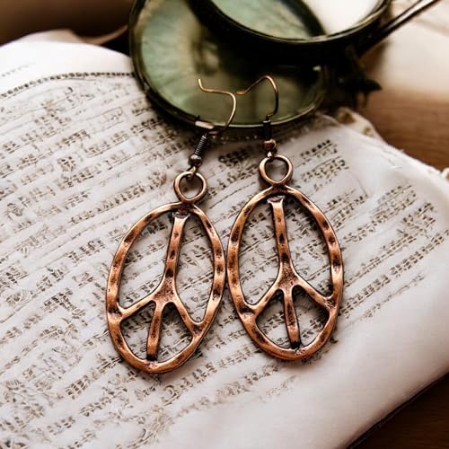 Peace sign earrings peace symbol charm earrings silver or bronze hippie necklace - color: copper