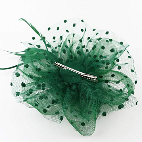 DRESHOW Fascinators Hat Flower Mesh Ribbons Feathers on a Headband and a Clip Tea Party Headwear for Girls and Women - color: 7" Diameter / Emerald Green