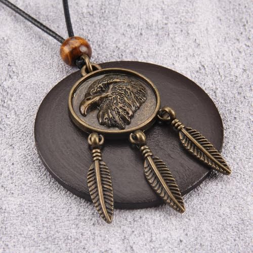 Kelake Leather Necklace for Women Men Teen Vinatge Boho Alloy Pendant Choker Jewelry Fashion Sweater Necklaces with Adjustable Genuine Leather Chain - color: Brass Eagle Feather & Brown Wood Pendant