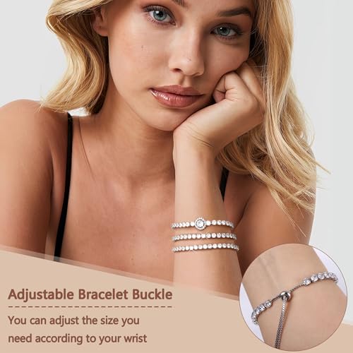 YADOCA Tennis Bracelets For Women - Silver Plated Bracelet Stack Cubic Zirconia CZ Diamond Adjustable Stackable Bracelets Set For Prom Wedding Jewelry Gift 3Pcs - style: D:Round CZ-2