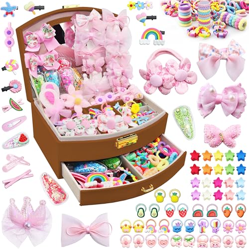 252 Pcs Hair Accessories for Girls Jewlry Box, Back to School Hair Accessory Gift Hair Stuff Storage including Hair Clip,Hair Barrettes,Hair Ties,Hair Bows for Little One Teen Age 3-12 (BROWN) - color: BROWN