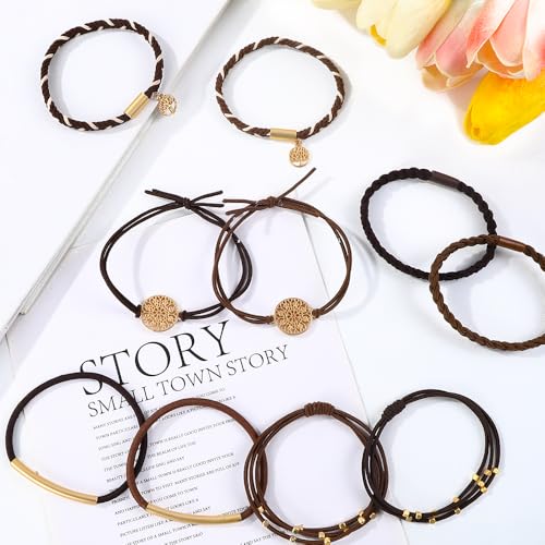 DIYDEC 10PCS Hair Ties Bracelet for Women 5 Styles Soft Braided Boho Hair Bands Elastic No Damage Hair Ties for Girls thick Thin Long Curly Hair Accessories - color: Brown
