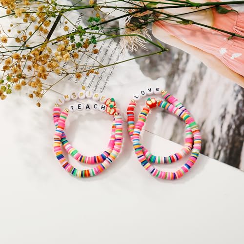 Elegance 11 designs Heishi Beaded Bracelets For Women Polymer Clay Colorful Surfer Stackable Beads Boho Bracelet Summer Beach Jewelry - color: Teacher-Colorful