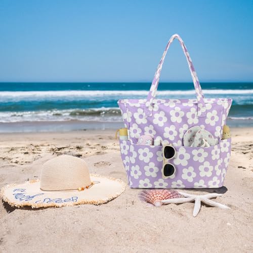 Bluboon Waterproof Beach Tote Pool Bags for Women Ladies Extra Large Carry On Bag With Wet Compartment for Weekender Travel - color: Big Flower 157 Purple