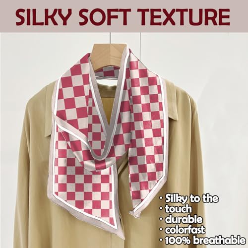 Hair Head Scarf Silk Feeling Long Satin Neck Satin Scarves for Handbag Cute Aesthetic Decoration Women Girls 59 * 6.7” - color: Y7-pink Check
