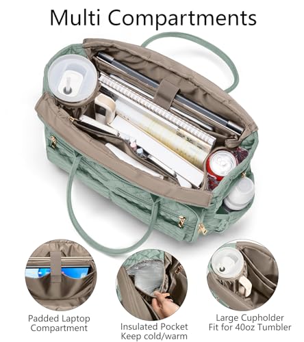 Bagstellar Teacher Bags for Women, 15.6 inch Laptop Work Tote Bag Quilted Nurse Bible Computer Shoulder Bag for School Travel | Dream Tote Work Bag - color: Sage Green