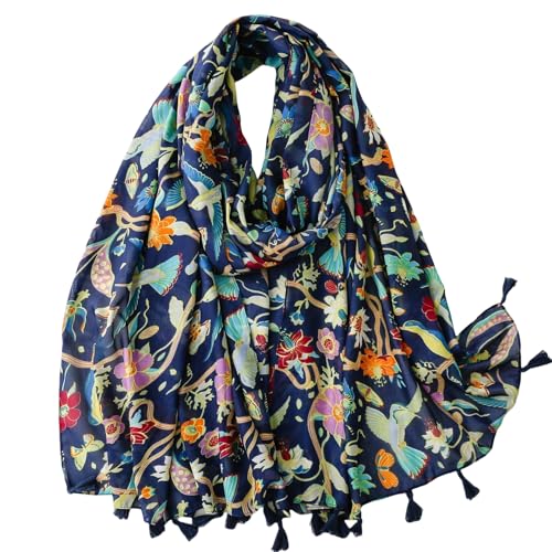 WaJuemy Travel Boho Scarf for Women Casual Lightweight Pashmina Scarves Fashion Multicolor Shawl Wraps with Fringed Beads - color: 49 Navy Bloom