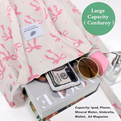 Corduroy Tote Bag for Women Small Canvas Shoulder Purse Cord Handy Bag with Inner Pocket | with Front Pocket - color: 03 Pink Bow