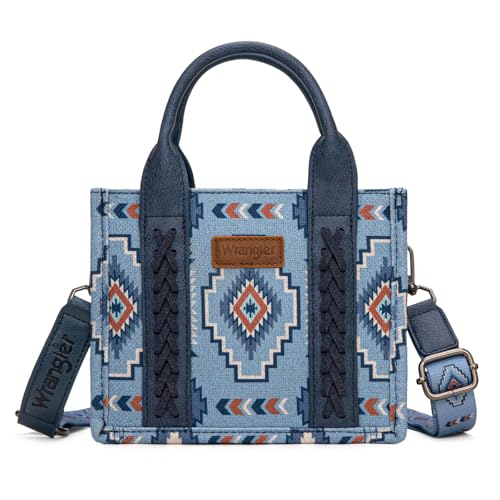 Wrangler Mini Aztec Tote Bag for Women Boho Small Top Handle Purse with Adjustable Strap - color: Boho Blue Jeans