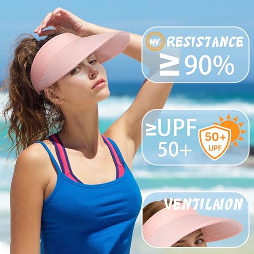 Sun Hats for Women - Wide Brim Sun Visor Hat for Women, UPF50+ Lightweight Foldable Ponytail Sports Cap - color: Pink