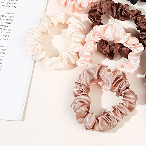 Satin Silk Hair Ties Small Mini Scrunchy for Women Cute Ponytail Holders Mini Bulk Scrunchies Elastic Hair Bands for Thick Curly Hair Pony Tails Hair Ties (12 Pcs) - color: Pink-brown