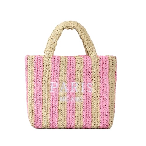 Straw Beach Bag for Women Summer Woven Tote Bag Packable Straw Purses and Handbags for Vacation Holiday - color: S-pink