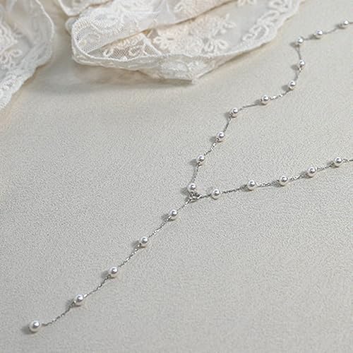 HAXIYA Lariat Gold Necklace for Women Dainty Long Necklace 14K Gold Plated/Silver Y-Shaped Pendant Drop Chain Layered Pearl/Beaded/CZ Necklaces Gold Jewelry Gift for Prom/Wedding - style: Pearl Set - Silver