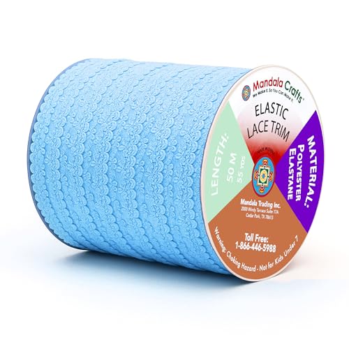 Mandala Crafts Light Blue Stretch Lace Soft Elastic Trim Roll - 55 Yards 1 Inch Wide Stretchy Frilly Picot Ribbon for Sewing Lingerie, Headbands, Underwear, and Crafts - color: Light Blue