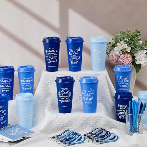 Skylety 12 Set/ 48 Pcs Christian Gifts for Women Men Religious Gift Set 16 oz Bible Scripture Cups with Lids Mini Spiral Notebooks Pens Keychains for Mother Father Birthday(Blue Gradient) - color: Blue Gradient