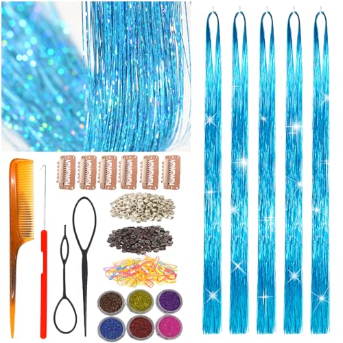 Celinebella Aqua Glow Hair Tinsel, 48" 1250 Strands Cool Blue Shimmer | Fresh cool aqua blue glow, bright icy shimmer, heat resistant, ideal for summer events themed parties cosplay - color: 08-Aqua Glow, size: 48 Inch Pack of 5Pcs
