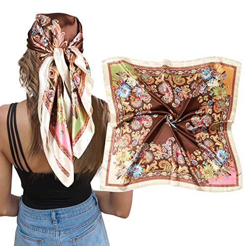 AWAYTR Satin Silk Scarf - Large Hair Bandana, Sleeping Wrap for Women - color: Cashew(beige+coffee)