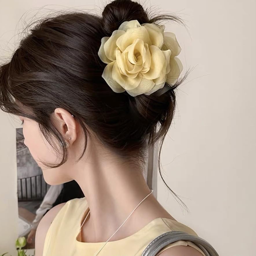 Large Chiffon Rose Flower Hair Claw Clips Boho Mesh Floral Hair Pins Barrettes Strong Hold Non-Slip Beach Vacation Hair Accessories for Women (Yellow Rose Flower Hair Clips) - color: Yellow Rose Flower Hair Clips