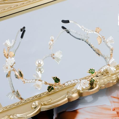 AHONEY White Flower Headband for Women Girls Hair Vine Leaf Boho Headband Wedding Fairy Accessories Headpiece Bridal Crown - color: White