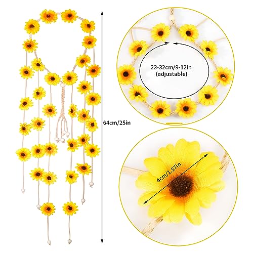 Sucrain 2pcs Flower Hippie Headband Floral Crown Summer Sunflower Hair Accessories for 70s Bohemian Costumes Style for Women(Yellow+Colorful) - color: Yellow+Colorful
