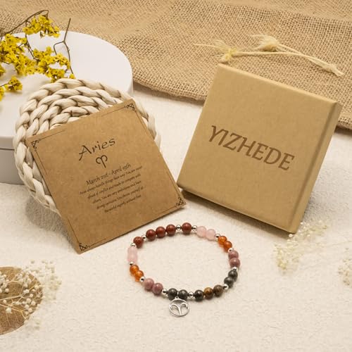 Zodiac Natural Stone Bracelet – Handmade Crystal Healing Bracelet with Zodiac Charm – Adjustable Beaded Jewelry Gift for Women Men Girls - color: Aries