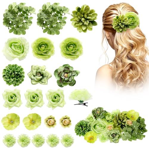 BBTO 21 Pcs Flower Hair Clip Rose Hair Clips Barrettes for Women Flower Accessories Boho Bride Claw Clip Hairpin Brooch Pin Headpiece for Wedding (Green Series) - color: Green Series