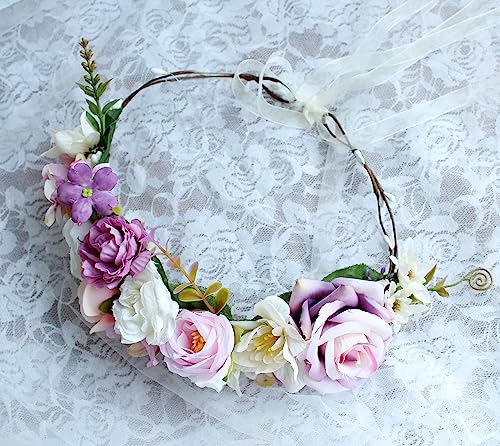 Vivivalue Women Flower Crown Rose Floral Headband Hair Wreath Flower Headpiece Halo Boho with Ribbon Wedding Party Festival Photos - color: 6