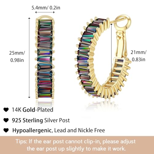 Trendy 14K Gold Plated Hoop Earrings for Women, Chunky Gold/Silver Earrings for Women Cubic Zirconia Baguette Hoop Earrings Heart Hoops Lightweight Hypoallergenic Jewelry,25mm/35mm/40mm/50mm - color: 01 Gold Mystic Rainbow Hoops 25mm