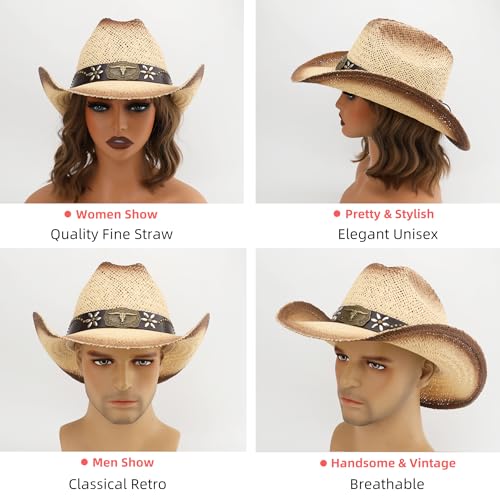 Straw Cowboy Hat, Western Cowgirl Hat, Wide Brim Sun Beach Hat for Men and Women - color: Beige-m28