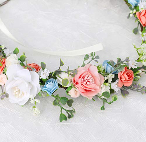 Vivivalue Bridal Floral Headband Rose Flower Crown Hair Wreath Floral Headpiece Halo Boho with Ribbon Wedding Party Photos - color: 52