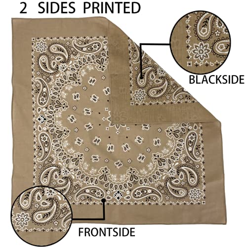 6 Pack 12 Pack Bandanas 2 Sides Printed 22inch Unisex Cowboy Kerchiefs - color: Khaki-6 Pack