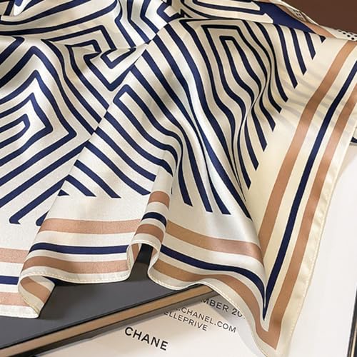 JERLA 100% Pure Mulberry Silk Square Scarf for Hair-27''x27'' Women Men Natural Silk Neckerchief Headscarf - color: Blue and Coffee Geometry Stripe
