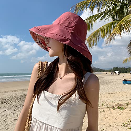 HUAMULAN Women Summer Sun Hat Wide Brim Wired Edge Floral Beach Bucket Hats Reversible Foldable Travel UV Protection Lady Hat - color: M1744-jiuhong