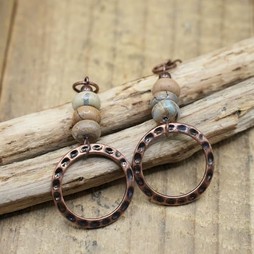 Boho Earrings for women, Hammered Copper Earrings, Bohemian Beaded Gemstone Rustic Jewelry, African Opal Earrings Handmade - style: Hammerd Hoop