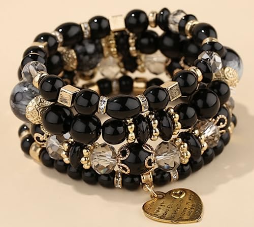 Women Beaded Bracelet Set | Colorful Boho Stackable Trendy Design with Crystal Accents Multilayer Bangle Bracelet | Fashion Stretch Braclets Jewelry for Women - color: Black