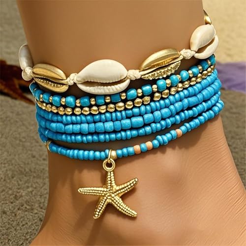 Mermaid Starfish Anklet Bracelets for Women Bohemian Beaded Anklet Adjustable Rice Bead Anklets Bracelet Handmade Woven Hawaiian Beach Seashell Pearls Waterproof Anklets Summer Beach Mermaid Jewelry - color: Blue