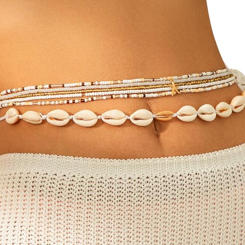 Summer Beach Coloful Beads Waist Chain Jewelry Sets Multi-layered Beaded Belly Chain Sexy Bikini Sexy Shell Waist Body Chain Beads Body Accessories for Wome - style: White