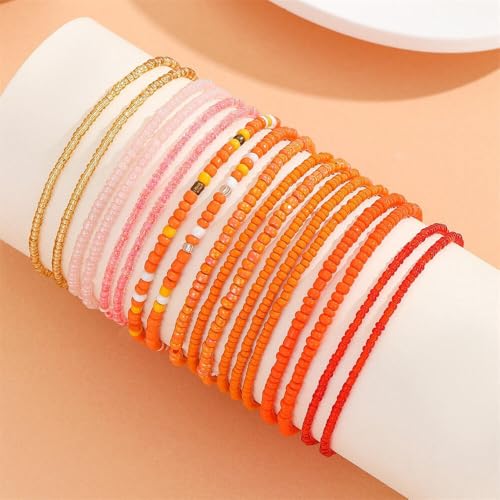 Boho Stackable Seed Beaded Bracelets for Women 18-20Pcs Colorful Handmade Multilayered Rice Bead Bracelet Set Summer Beach Bohemian Jewelry Gift - color: B-Orange(larger)
