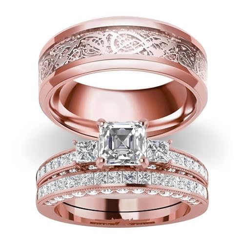 3Pcs Moissanite Wedding Rings Sets for Couples, s925 10K 14K 18K Real Gold Wedding Rings Sets for Him and Her, Customized Matching Engagement Bands Set for Men and Women Free Engraving - style: Style-5