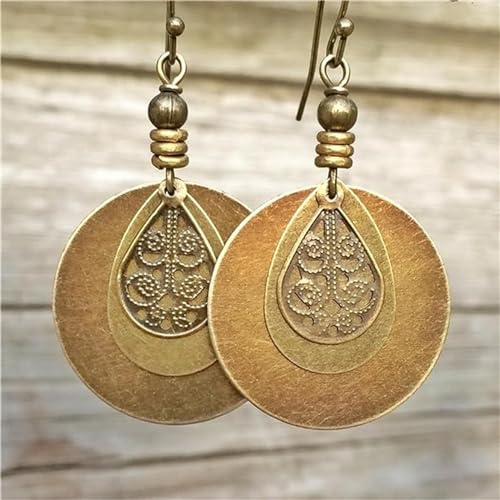 Bohemian Earrings - Dangle Boho, Handmade Antique Ethnic Jewelry, Vintage Carved Hoop Spiral Earrings for Women, Ethnic Brown Disc Round